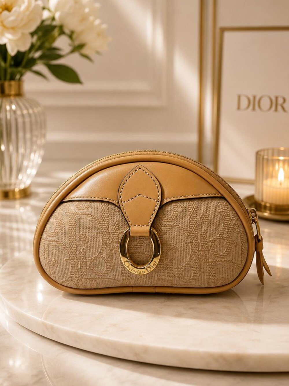 Authentic Christian Dior Trotter Canvas Cosmetic Pouch Beige Zip Makeup Case Vin